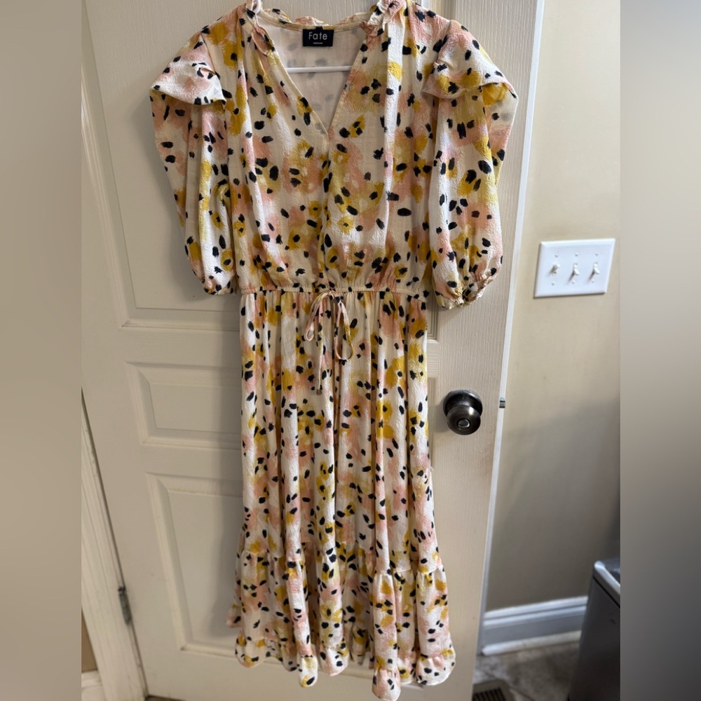 Fate Pink, Yellow & Black Printed Midi Dress sz M